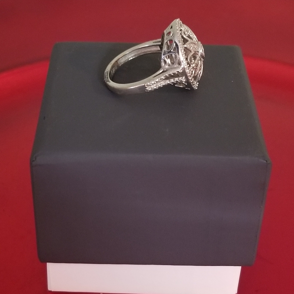 Karis STS Signed Contemporary Textured Filagree Dome Ring-Rhodium Plated Silver - Picture 4 of 5